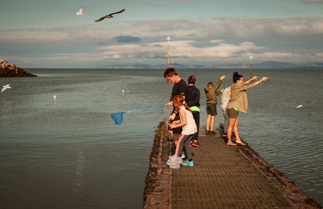 Six people standing on a pier fishing.