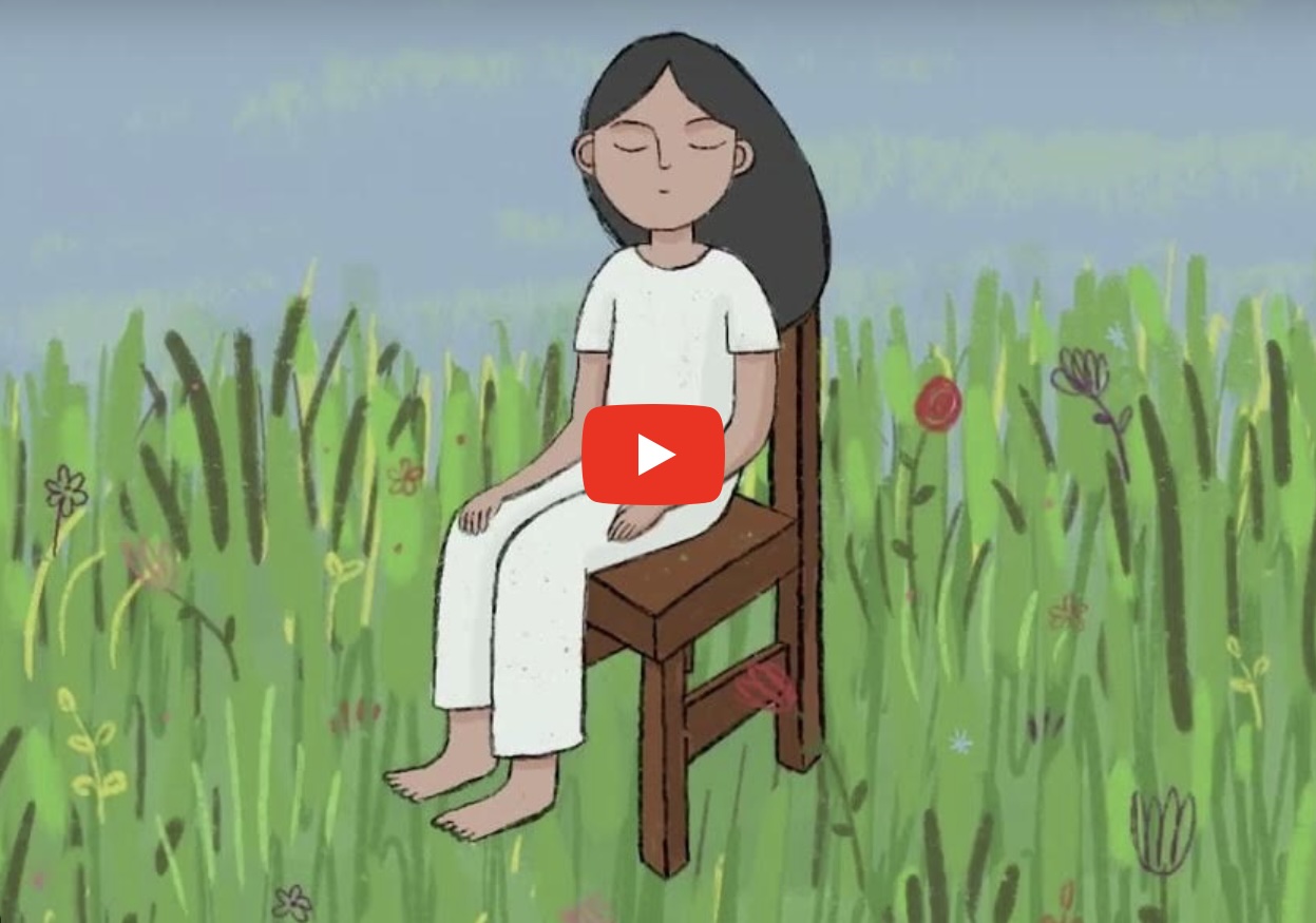 A still taken from the ‘Myfyrdod’ video showing an illustration of a person sitting on a chair outside