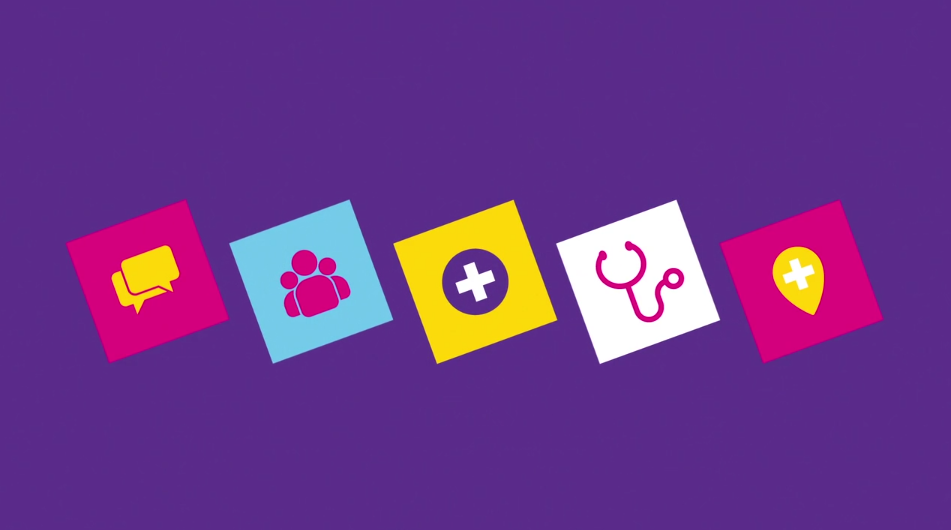 Multi-coloured icons depicting speech bubbles, people, a pharmacy cross, a stethoscope and a location pin