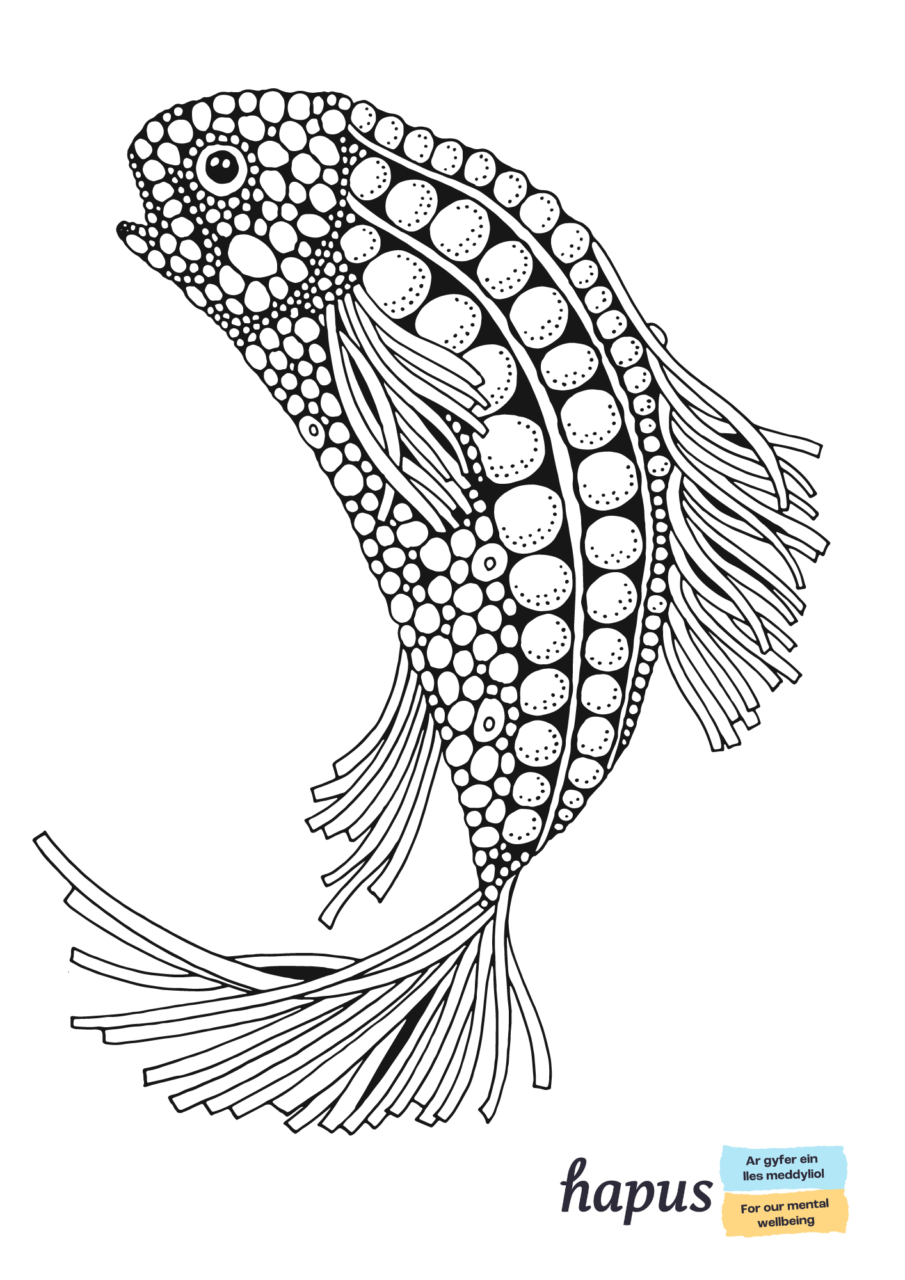 A colouring in sheet with a black and white outline of a fish.
