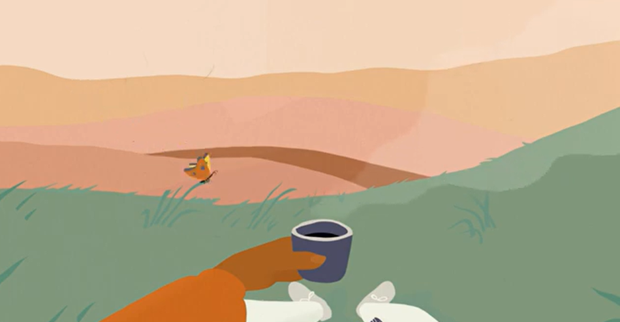 An illustration of someone holding a cup as they look out on a hillside, with a butterfly sitting on the grass.