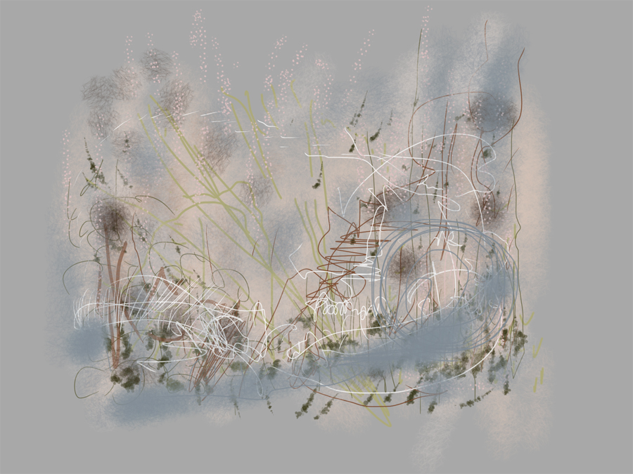 A drawing consisting of swirls of blue, grey, green and white lines against a grey background.