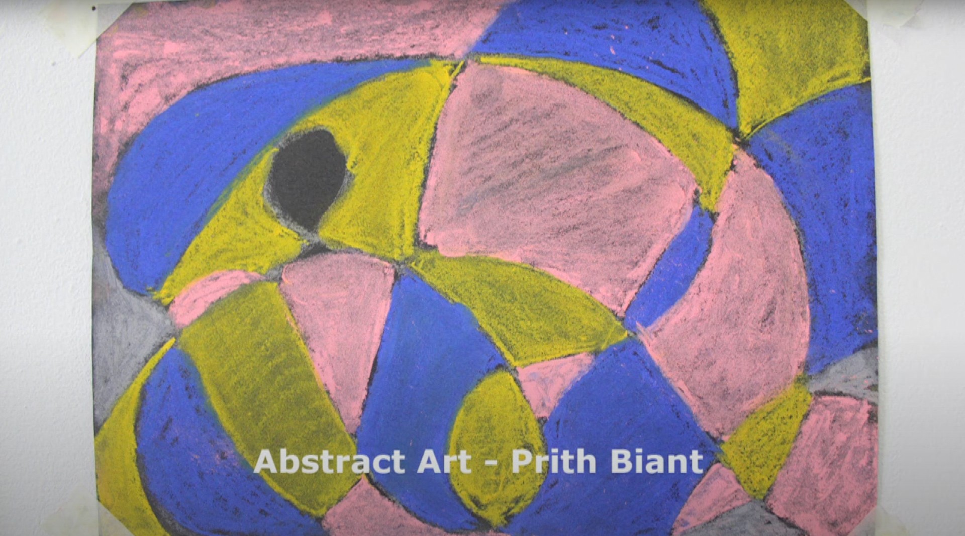 An abstract drawing of different geometric shapes in shades of pink, yellow and blue. At the bottom are the words, 'Abstract Art – Prith Biant'.