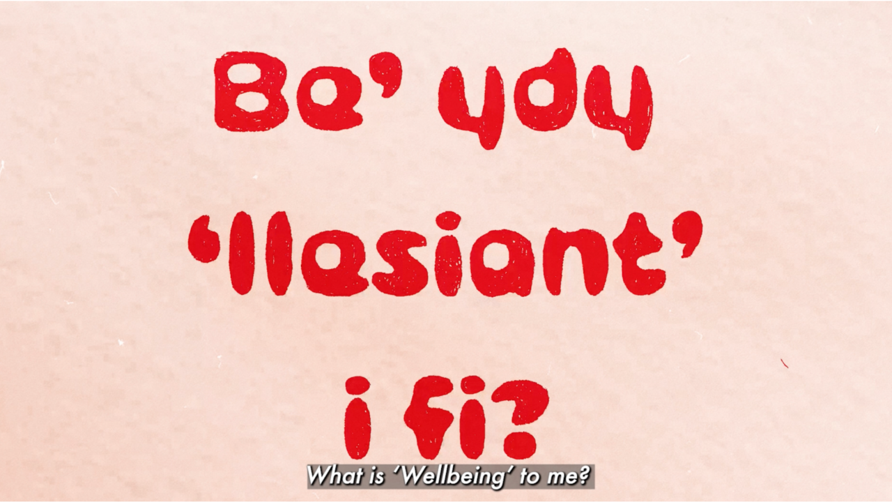 Red handwritten title on a pink-beige background reading 'Be you' (plus a quoted word) with a subtitle below: 'What is 'Wellbeing' to me?'