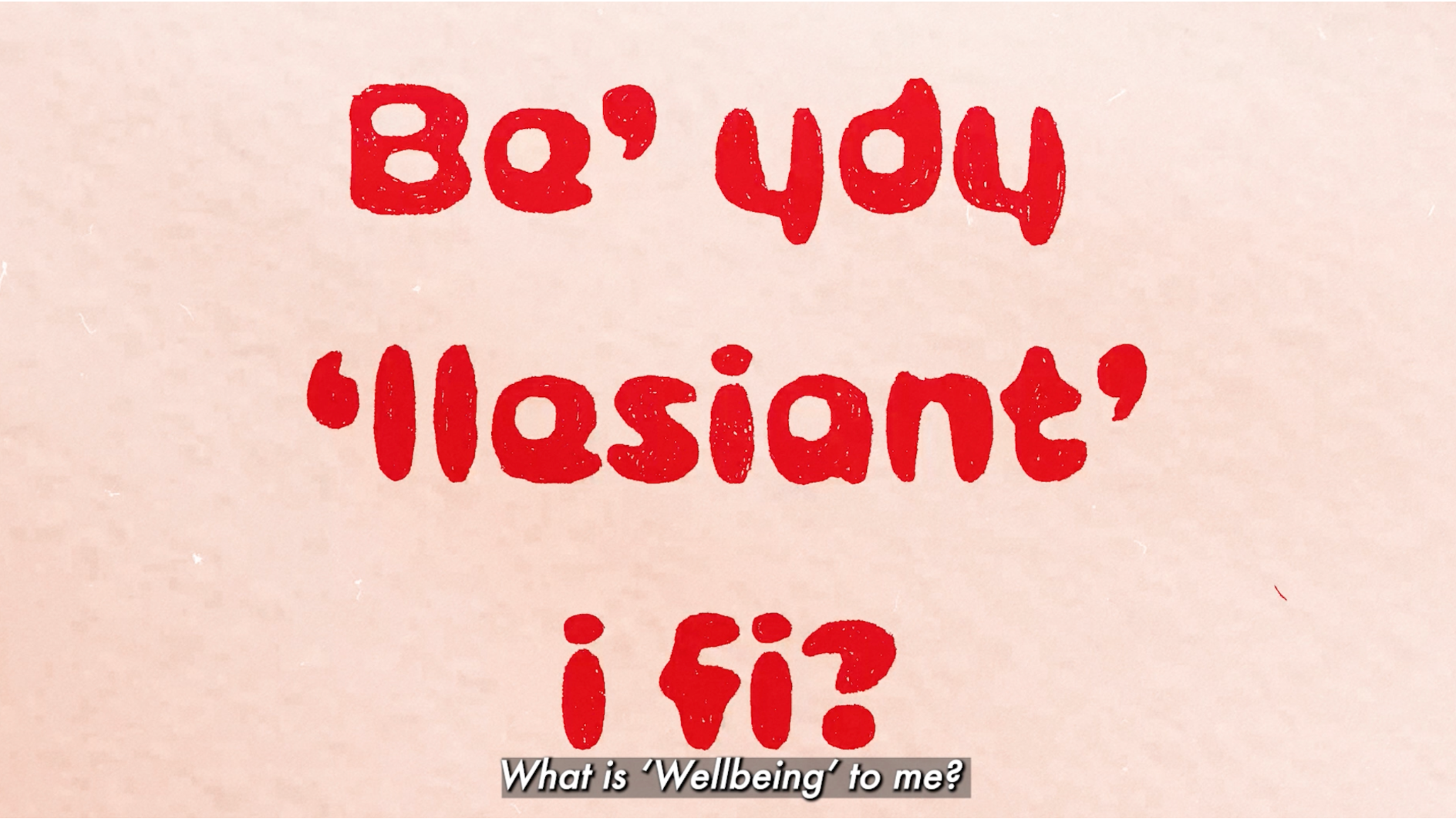 Red handwritten title on a pink-beige background reading 'Be you' (plus a quoted word) with a subtitle below: 'What is 'Wellbeing' to me?'